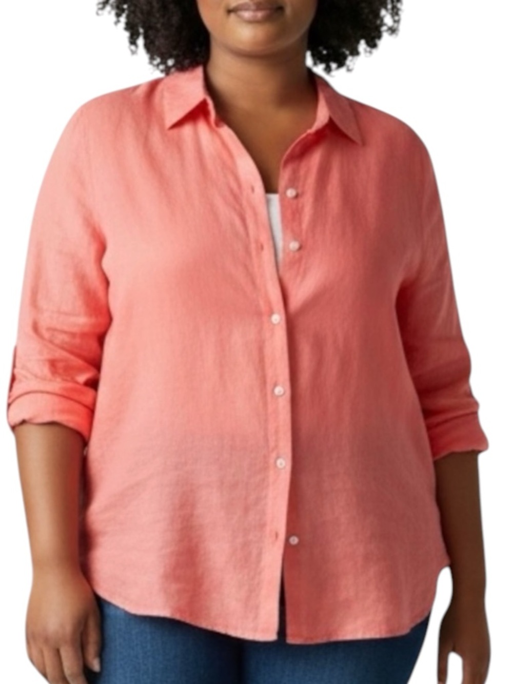 EILEEN FISHER Linen Longline Boxy Shirt in Strawberry Coral L — Missing Button